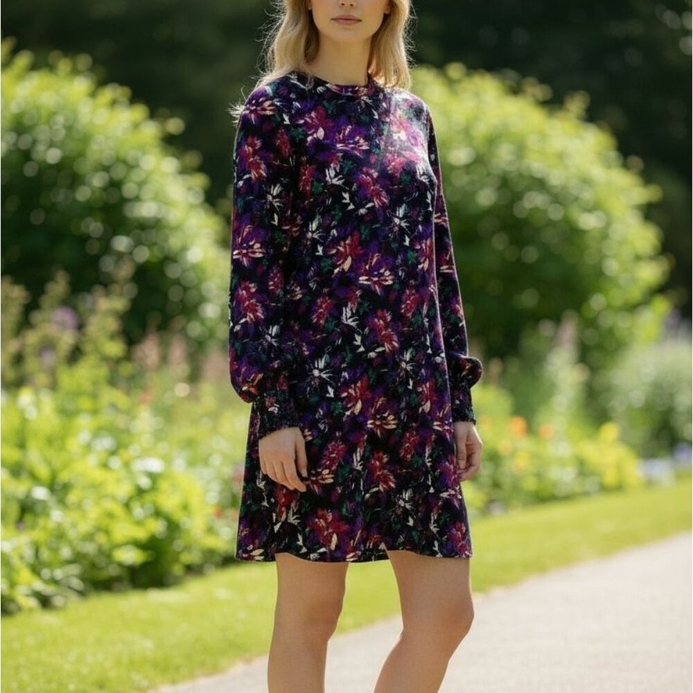 Zara Trafaluc Bishop Sleeve Floral Mock Neck Dress